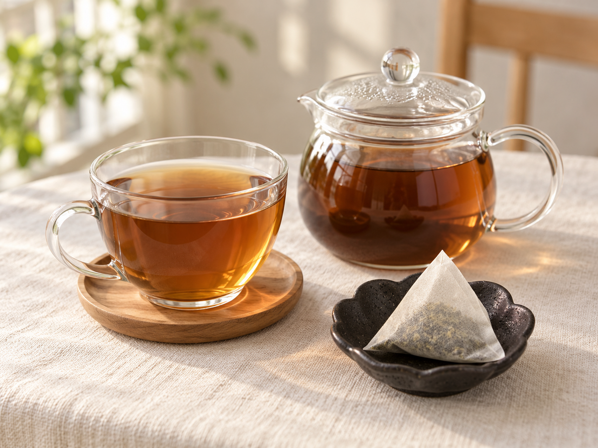 ガラスのティーポットとカップに淹れたよもぎ茶のイメージ